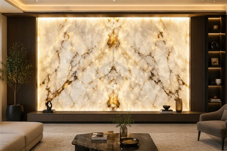 Book-matched Cristallo Quartzite feature wall with LED backlighting and symmetrical gold-brown veining