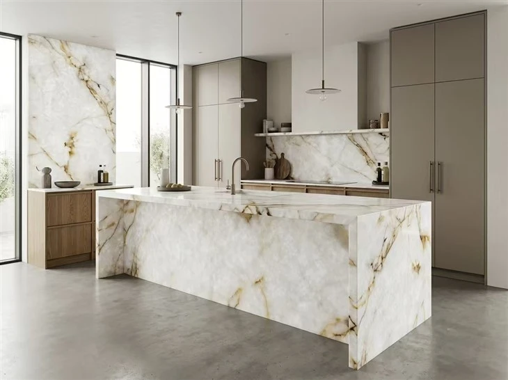 Cristallo Quartzite kitchen island, countertop and full-height backsplash with white crystals and gold-brown veining