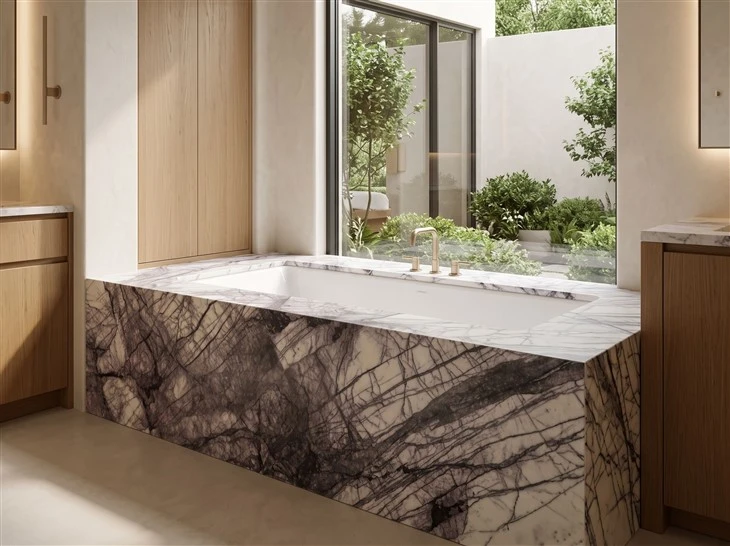Lilac Marble bathtub deck with mitered edges installed in a luxury custom home bathroom