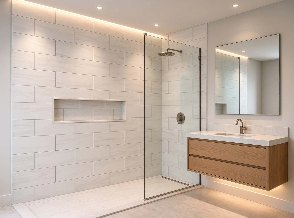 Bianco Dolomite marble shower wall tiles and vanity top in a contemporary custom bathroom Bianco Dolomite marble shower wall tiles and vanity top in a contemporary custom bathroom